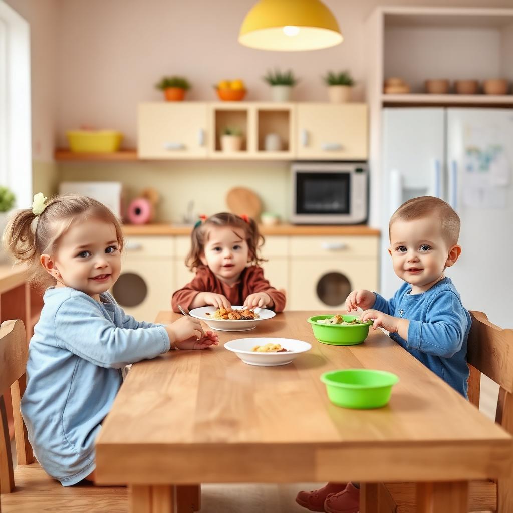 Kinder beim Mittagessen am Holztisch